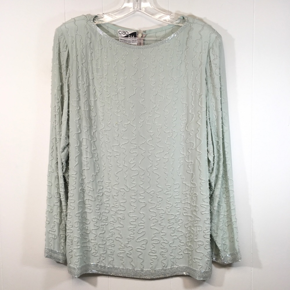 Seafoam Green 100% Silk Beaded Evening Top Size 14 Gorgeous